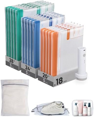 BAGSMART Vacuum Storage Bags for Travel with Rechargeable Air Pump, 18 Pack Portable Space Saver Bags for Travel & Home, Vacuum Compression Seal Bag for Clothing, Blanket, Duvets